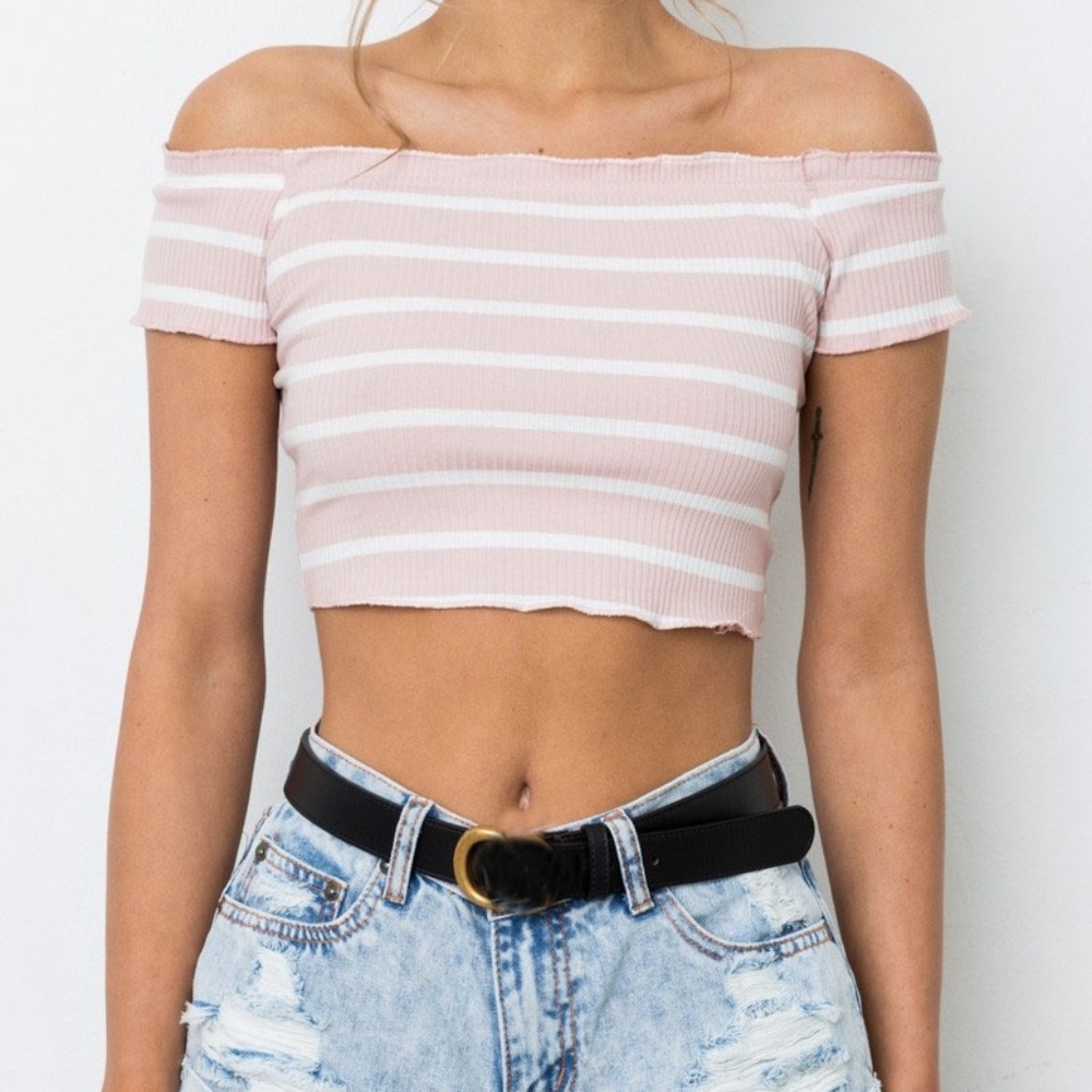 Off Shoulder Pink White Top Crop Top - Picture 4 of 6